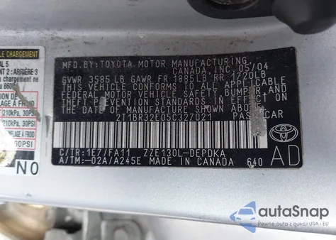 2005 Toyota Corolla Ce из США, поврежденный, VIN 2T1BR32E05C327021